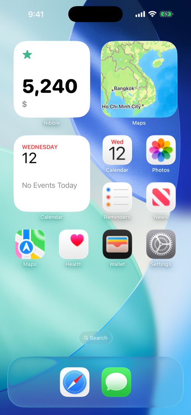 Nibble widget on an iPhone Home Screen showing 5,240 dollars